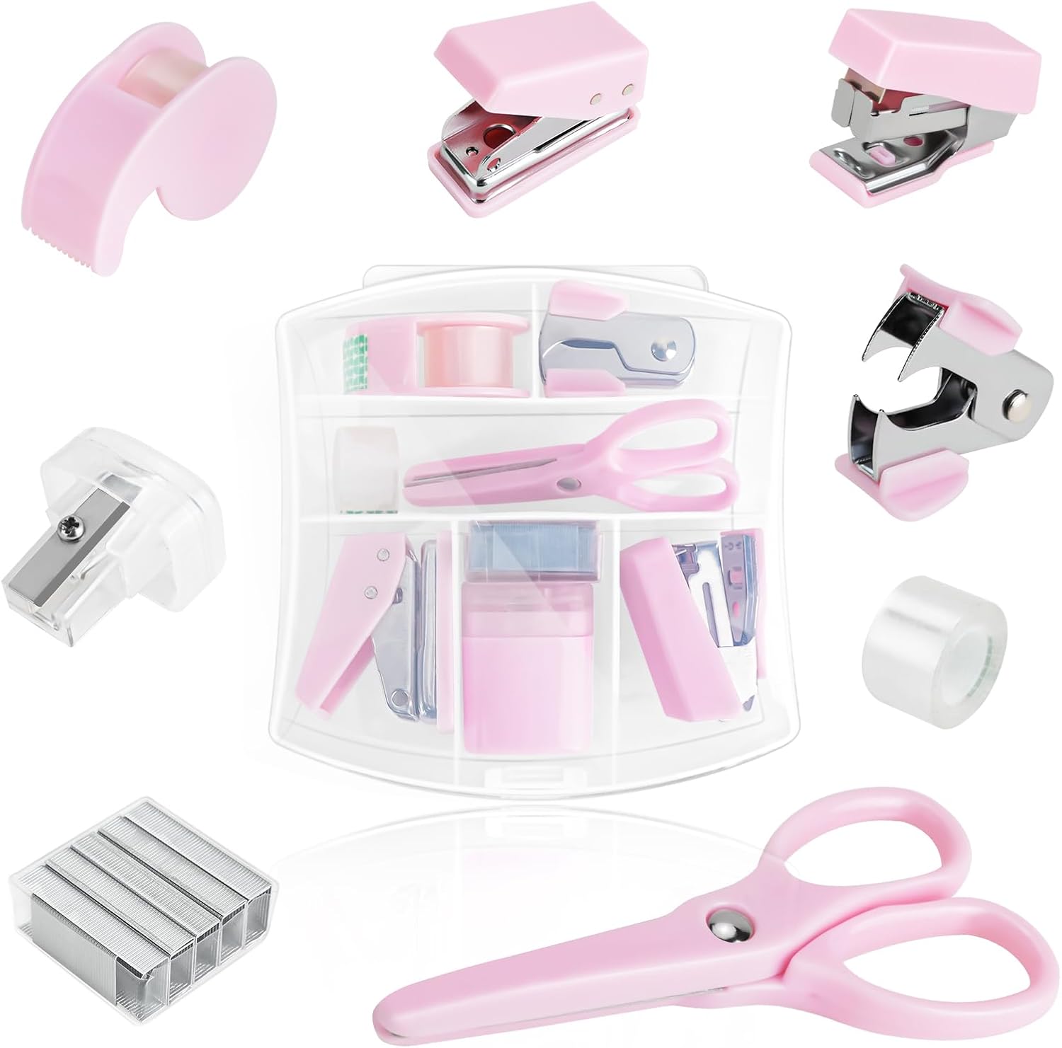 8 PCS Mini Office Supplies Kit, Cute Desk Accessory Set, School Stapler Set Includes Stapler, Scissors, Hole Punch, Staple Remover, Tape Sitter, Small Tape, Pencil Roller, Mini Scissors, 500 Staples