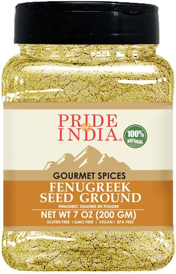 Pride of India – Fenugreek Seed Ground – Gourmet Indian Spice – Vegan, Gluten & GMO-Free – Ideal for Cooking & Meat Seasoning – Easy to Use – 8 oz. Medium Dual Sifter Jar