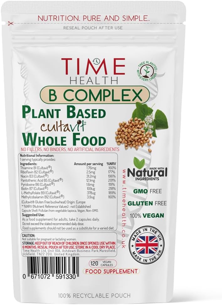 Vitamin B Complex - Whole Food & Plant-Derived - Natural, Non-Synthetic B Vitamins - Highly Bioavailable - Methylated B9 & B12 - Cultavit® - Zero Additives - UK Made - Pullulan (120 Capsule Pouch)