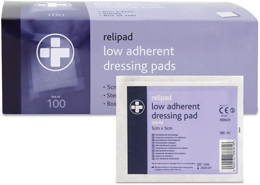 Reliance Medical Relipad First Aid Sterile Dressing - Low-Adherent, Absorbent Dressing Pads for Minor Abrasions, Lacerations and Wounds, 5 cm x 5 cm, Pack of 100