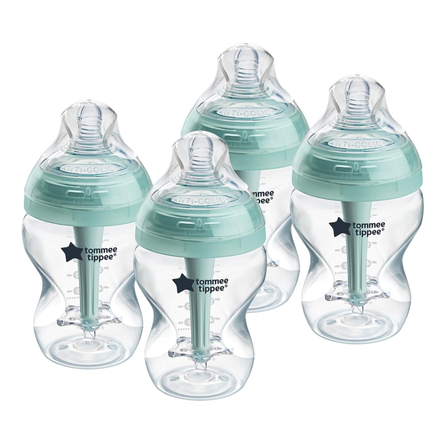 Tommee Tippee Advanced Anti-Colic 9 Oz BPA Free Baby Bottles, Newborn 0+ Months, Slow Flow Breast-Like Nipple, Unique Design Keeps Air Away from Milk and Baby, Clear, Pack of 4