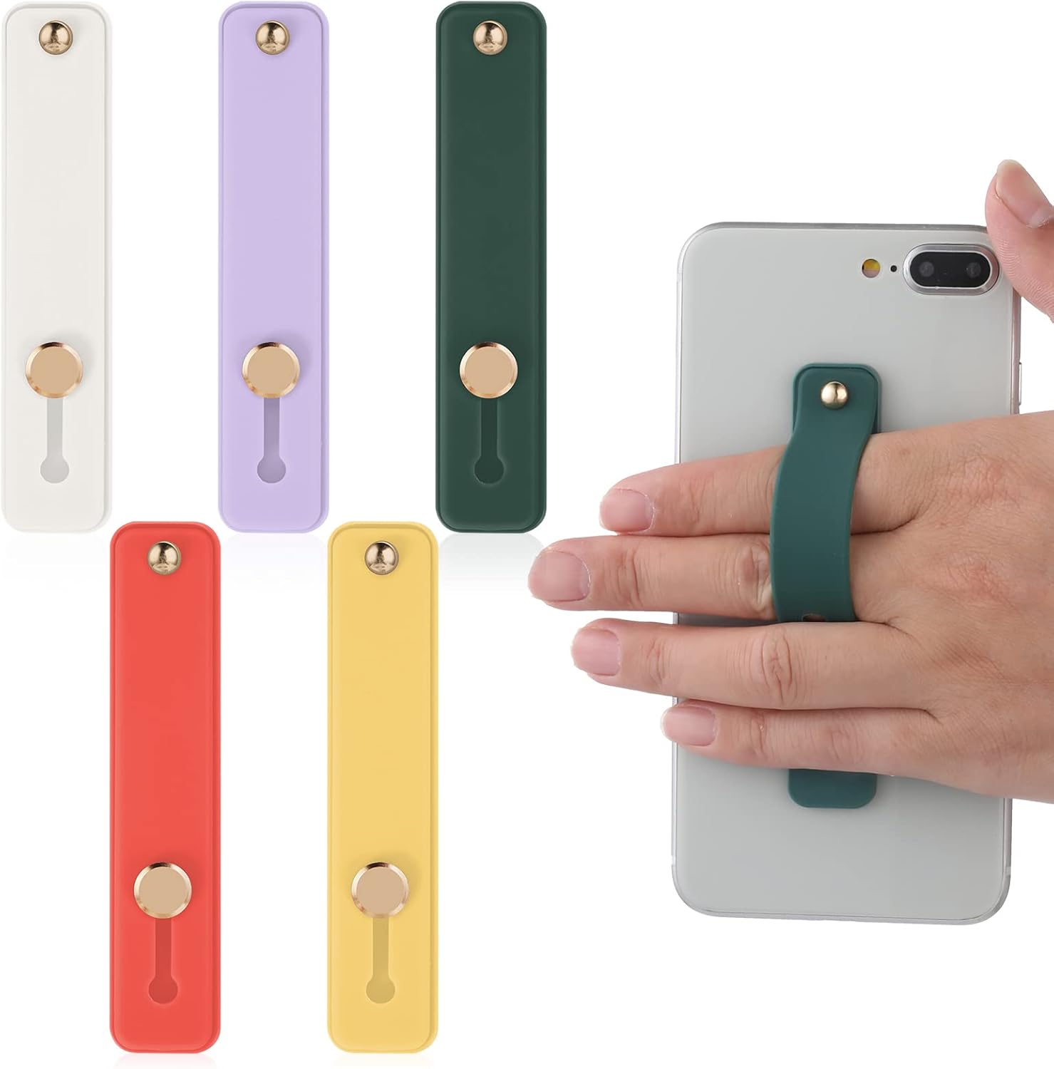 Cobee Phone Loop, 5pcs Universal Phone Grip Straps - Silicone Finger Strap with Kickstand for Most Smartphones (Yellow, Purple, White, Green, Red)