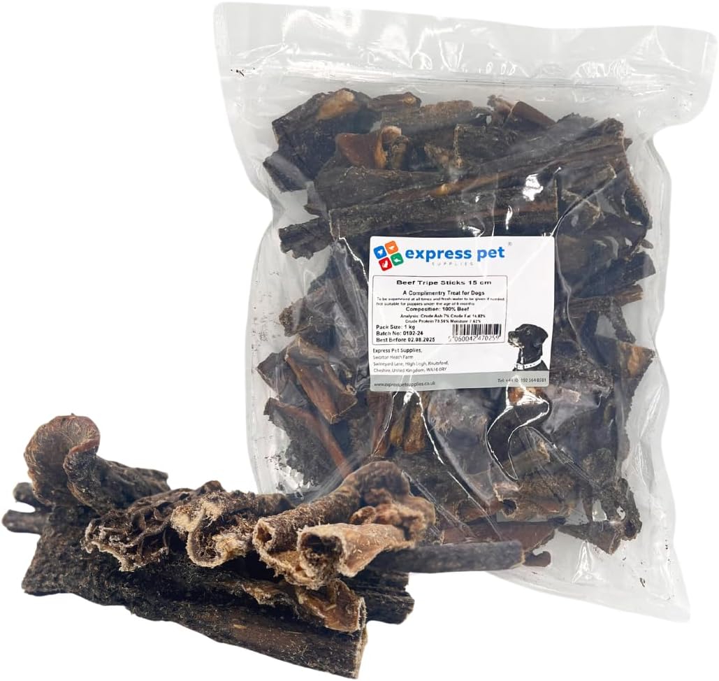 Express Pet Supplies 1kg Dried Beef Tripe Sticks, 15cm (6 Inches), 100% Natural Air Dried Dog Treat Chews