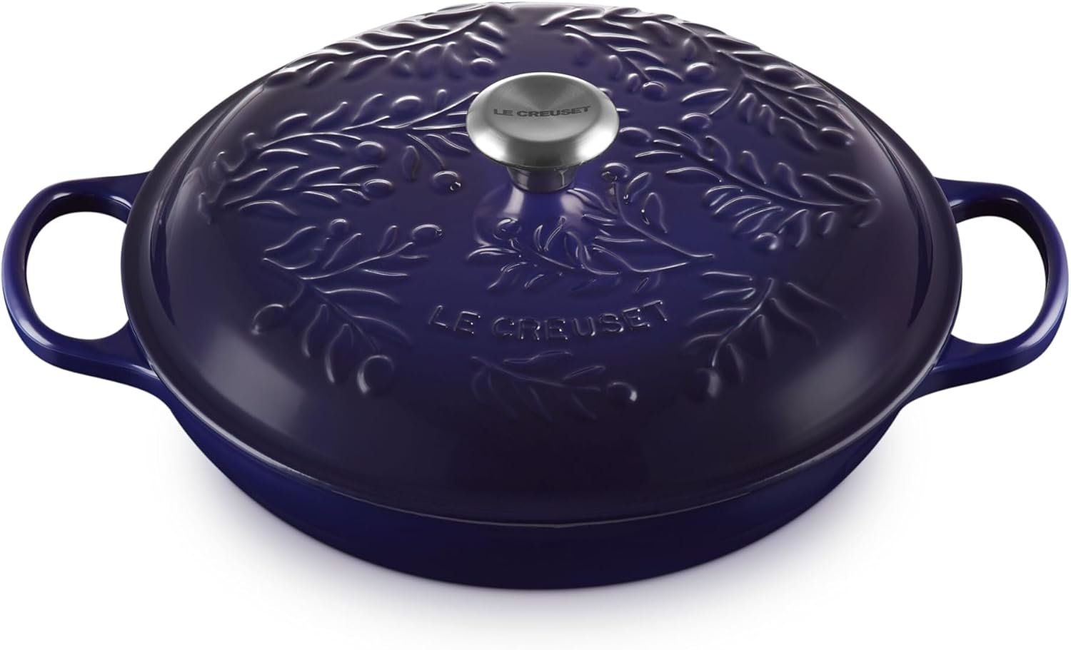 Le Creuset Olive Branch Collection Enameled Cast Iron Signature Braiser, 3.5 qt., Indigo with Embossed Lid