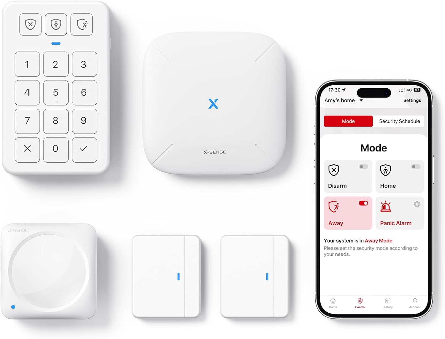X-Sense Smart Home Security Systems, Wireless alarm systems, Works with Alexa, Supports Mobile App Alerts, Includes 1 Base Station, 2 Door Alarms, 1 Motion Alarm, 1 Keypad, AS05