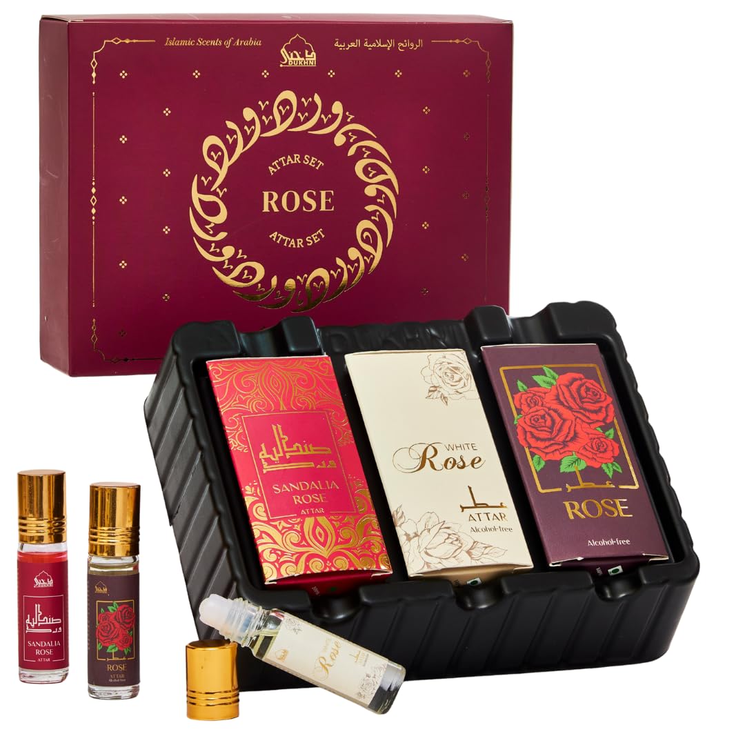 Dukhni Rose Attar Oil Set | Authentic Arabic Fragrance Oils 3pc x 6ml | 100% Pure, Alcohol-Free Original Gulab Attar Blends | Best gift for men & women, Ramadan gift, Islamic fragrance