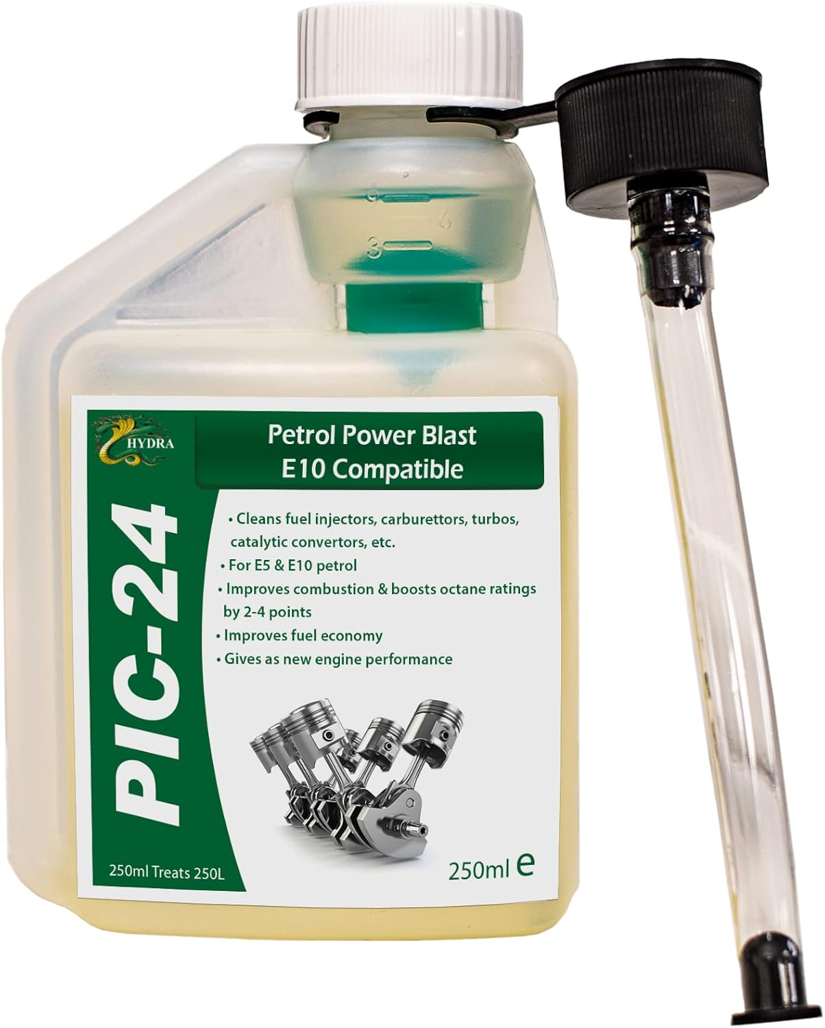 Hydra PIC-24 Petrol Injector Cleaner and Carb Cleaner Additive, 250ml Treats 250 litres, With Petrol Cleaner you get more Petrol Power with Octane Booster Removes Deposits Improves Combustion