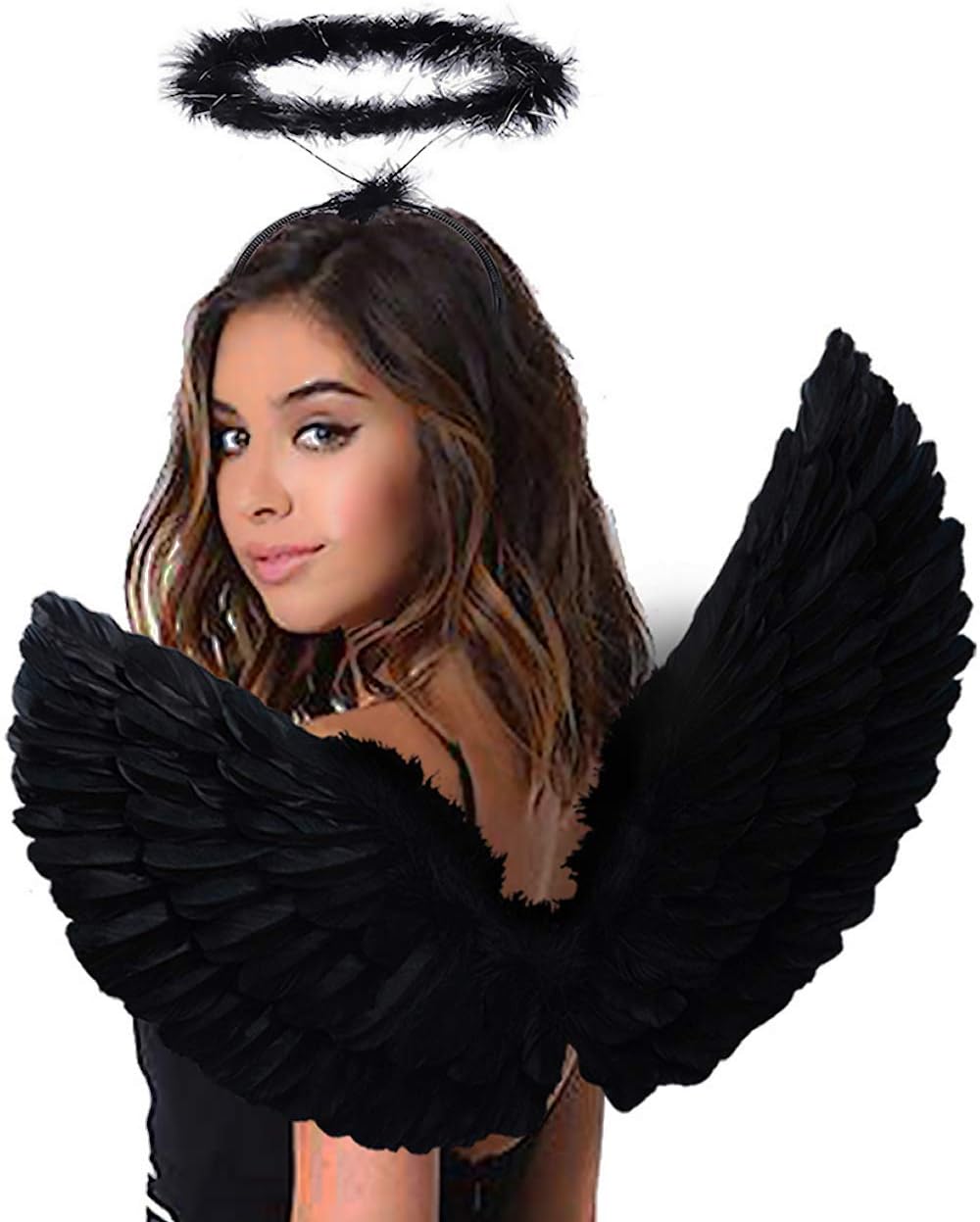 Antspirit Angel Black Wings and Halo Angel Costume for Girls Kids Women Halloween (Black)