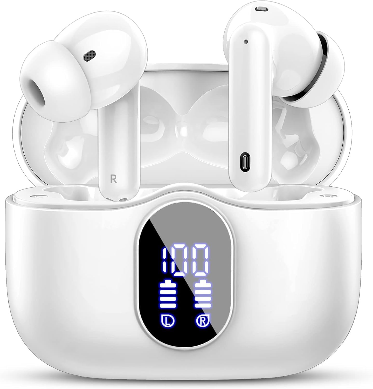 Btootos Wireless Earbuds, Bluetooth 5.3 Headphones In Ear with 4 ENC Noise Cancelling Mic, 2025 New Bluetooth Earphones Mini Deep Bass Stereo Sound, 36H Playtime LED Display Wireless Earbuds White