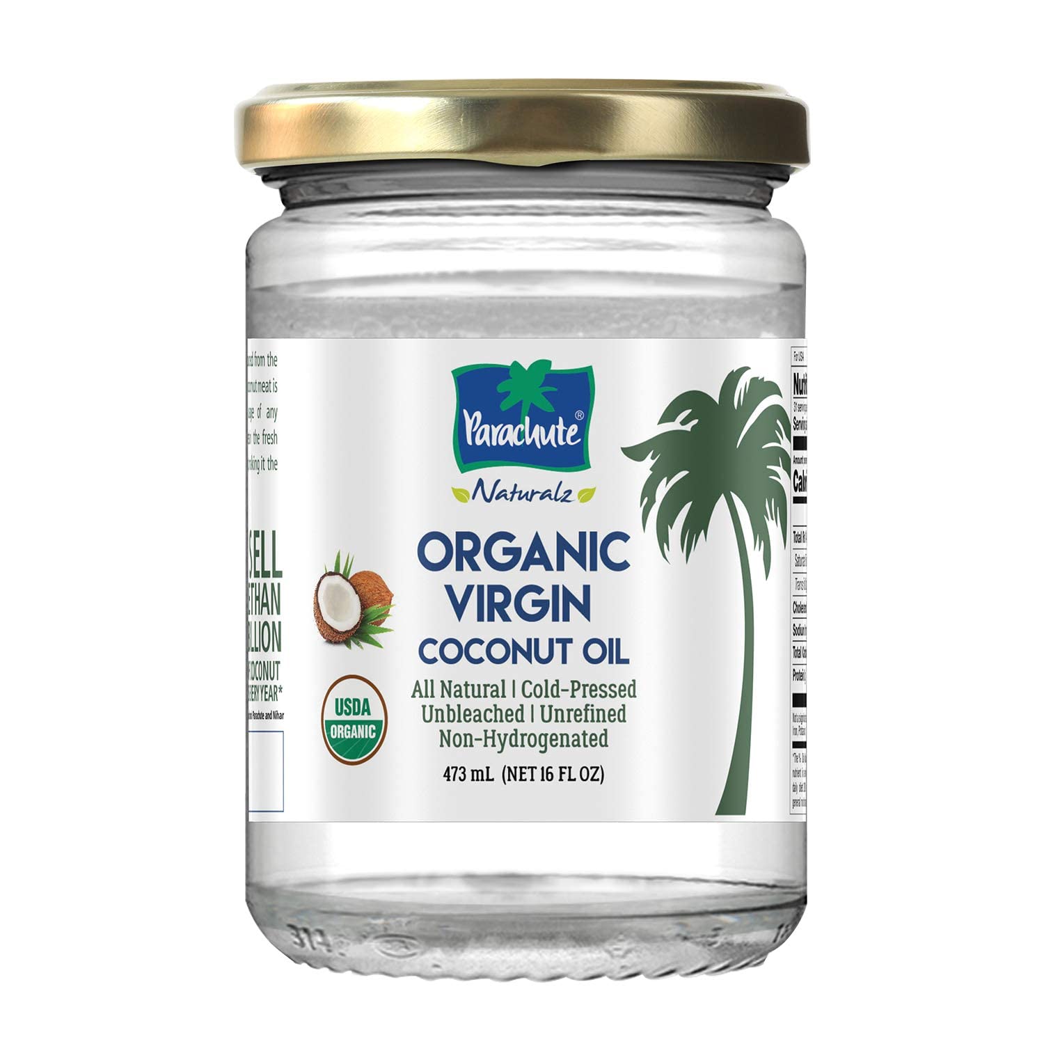 "Parachute Naturalz Organic Virgin Coconut Oil | Cooking Oil, Hair Oil, Body Oil & Oil Pulling | Cold Pressed | Unbleached | Unrefined | Non-Hydrogenated | MCT Oil | USDA Certified |16 Fl. Oz | Glass Jar"