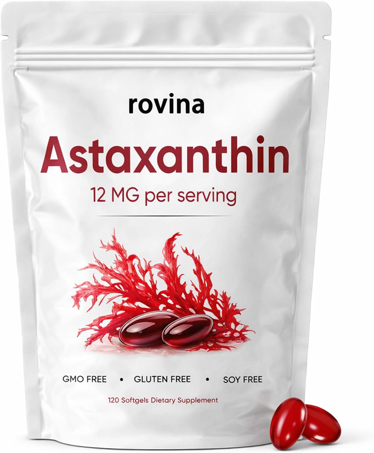ROVINA Astaxanthin 12mg, Astaxanthin Supplements, Natural Antioxidant for Skin, Eye & Joint Support, Immune,Joint, Internal Circulation, High Potency, Non-GMO, Vegan Friendly, 120 Softgels