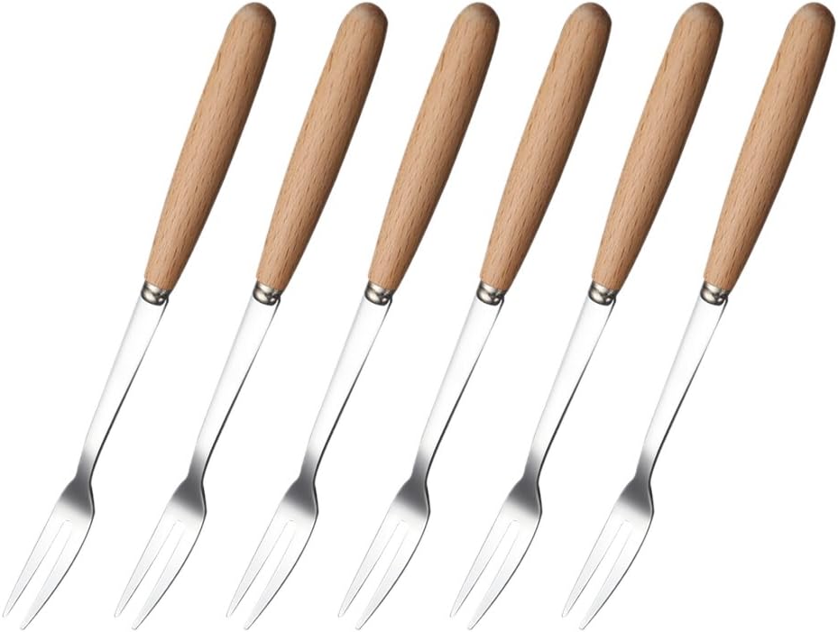 6 Pcs Wooden Handle Stainless Steel Two Prong Forks Fruit Cake Appetizer Forks