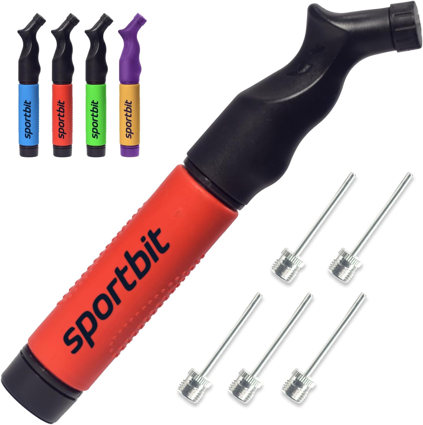 SPORTBIT Ball Pump with 5 Needles - Push & Pull Inflating System - Great for All Sports Balls - Football Ball Air Pump, Volleyball Pump, Basketball Inflator - Goes with Needles Set