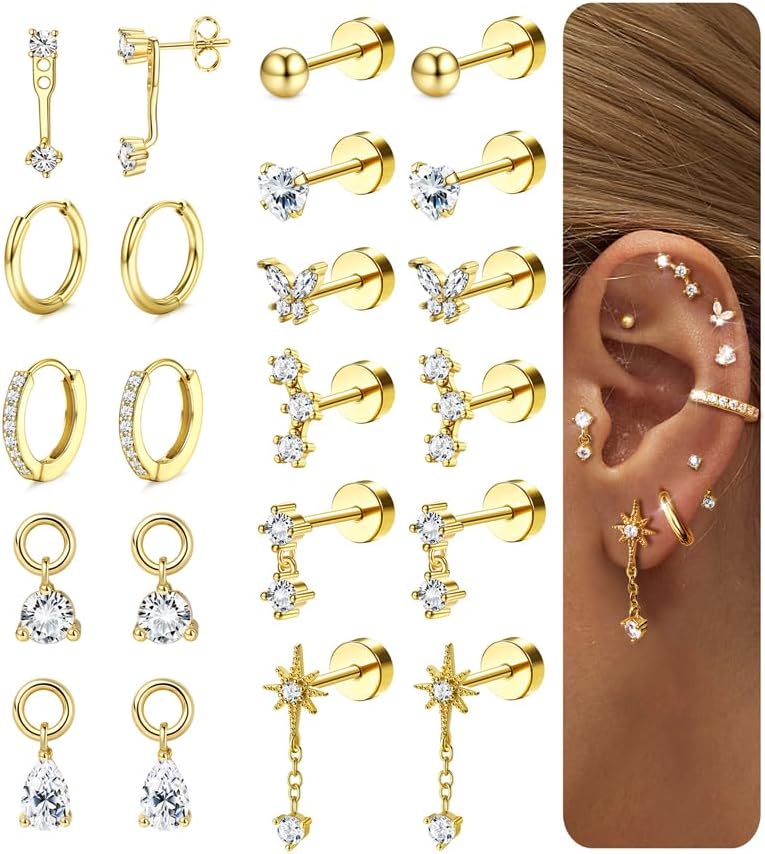 BESTEEL Hypoallergenic Flat Back Earrings for Women - 14K Gold Plated Surgical Steel Earring Stacks Set | Small Stud & Hoop for Cartilage, Helix, Tragus | Multiple Piercing Comfort Jewelry Gold