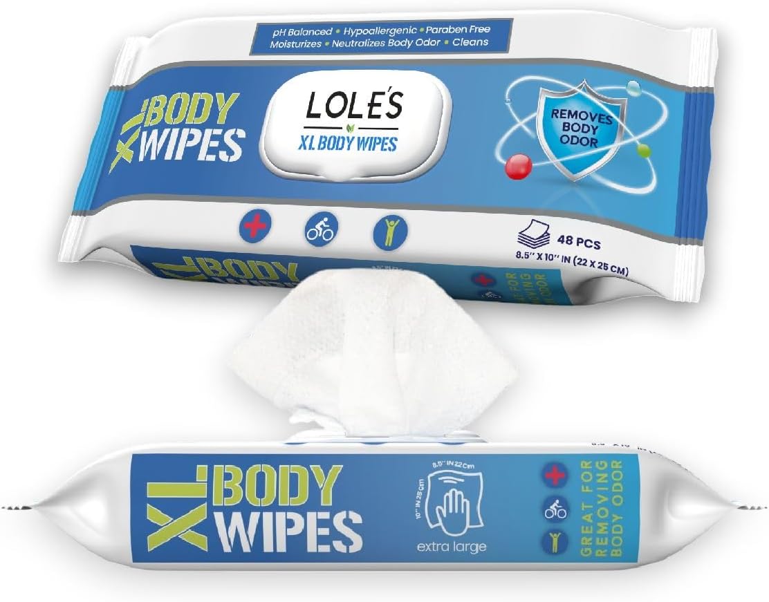LOLE'S XL Body Wipes - Cleansing No Shower Bed Bath Wet Wipes for Adults - Large & Fresh - Ideal for Camping, Gym, Travel, Hospital (1pk x 48)