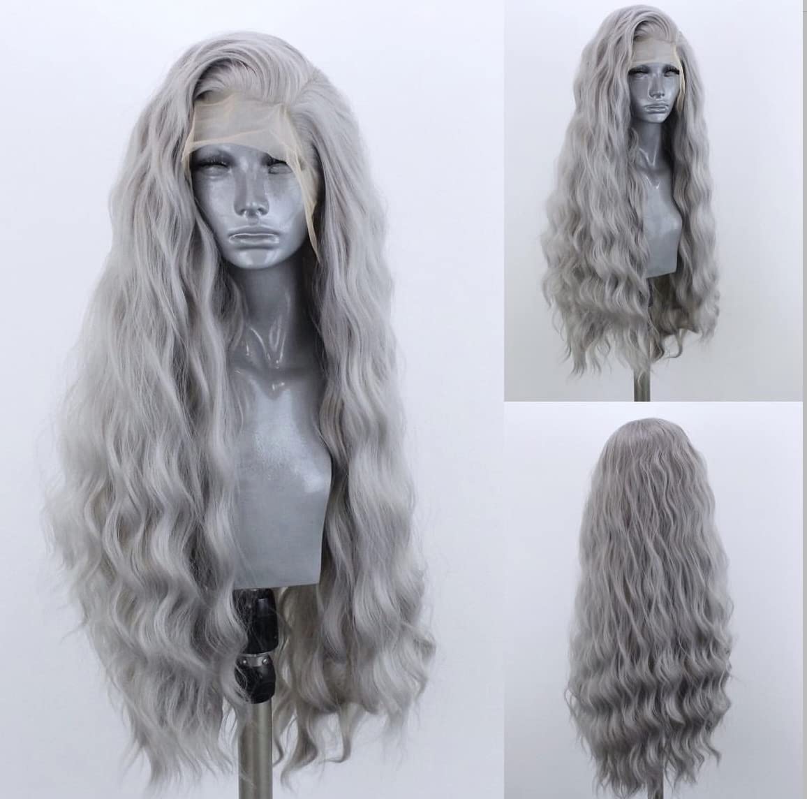 Grey Long Curly Synthetic Lace Front Wigs for Women Middle Part Natural Hairline Lace Wigs Daily Party Use