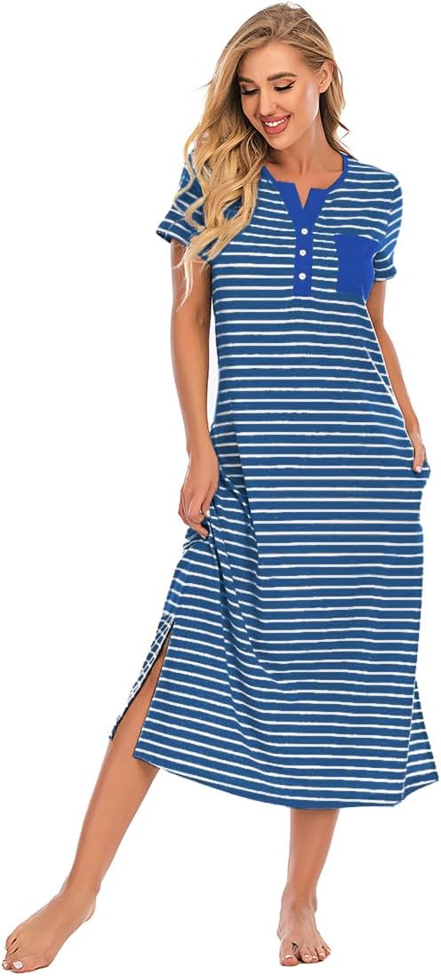 Jlowesun Women's Long Nightgown Nighties Stripes Nightdress Nightshirts Short Sleeve Soft Button Up Sleep Dress with Pockets
