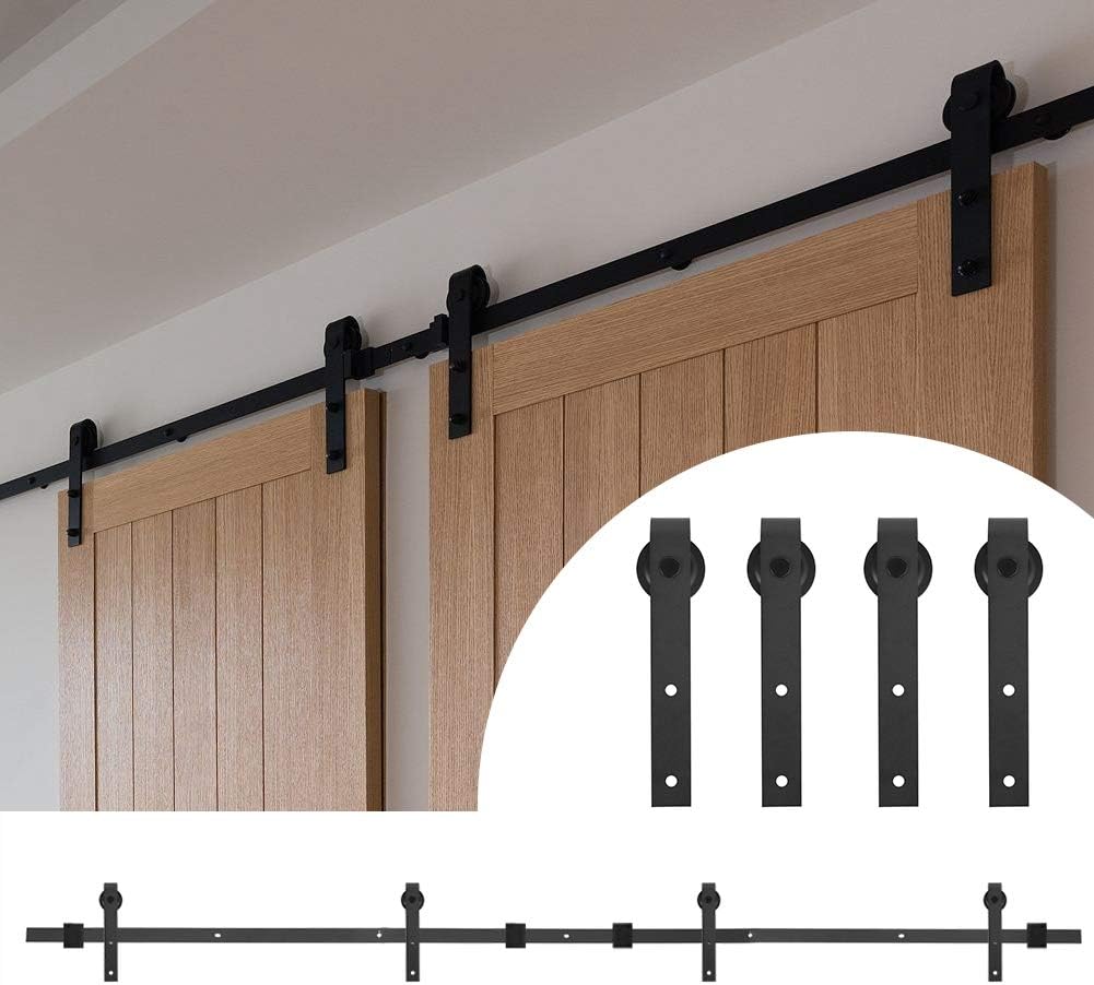 Barn Door Sliding Kit, Double Door Splicing Regular Type Carbon Steel Barn Door Hanging Rail Sliding Door Rail Track Kit 12ft Door Hardware Roller Track Rail Kit for Closet Cabinet
