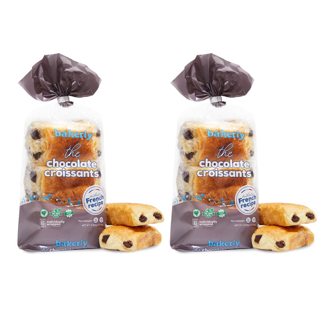 bakerly Chocolate Croissants with Real Chocolate, Non GMO, Free from Artificial Flavors & Colors, Pack of 2, 6-count (12 Total Chocolate Croissants)