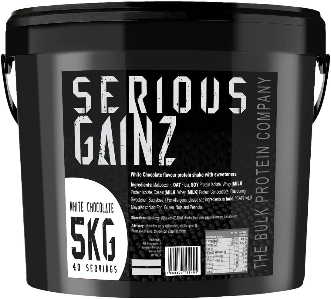 The Bulk Protein Company, SERIOUS GAINZ - Whey Protein Powder - Weight Gain, Mass Gainer - 30g Protein Powders (White Chocolate, 5kg)