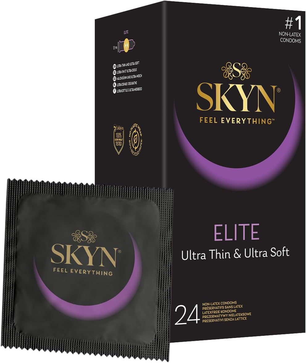 SKYN Elite (Pack of 24): Ultra-Thin Latex Free Condoms for Men, Regular Size Condoms, SKYNFEEL Technology, Smooth Surface, Lubricated, 53mm Nominal Width