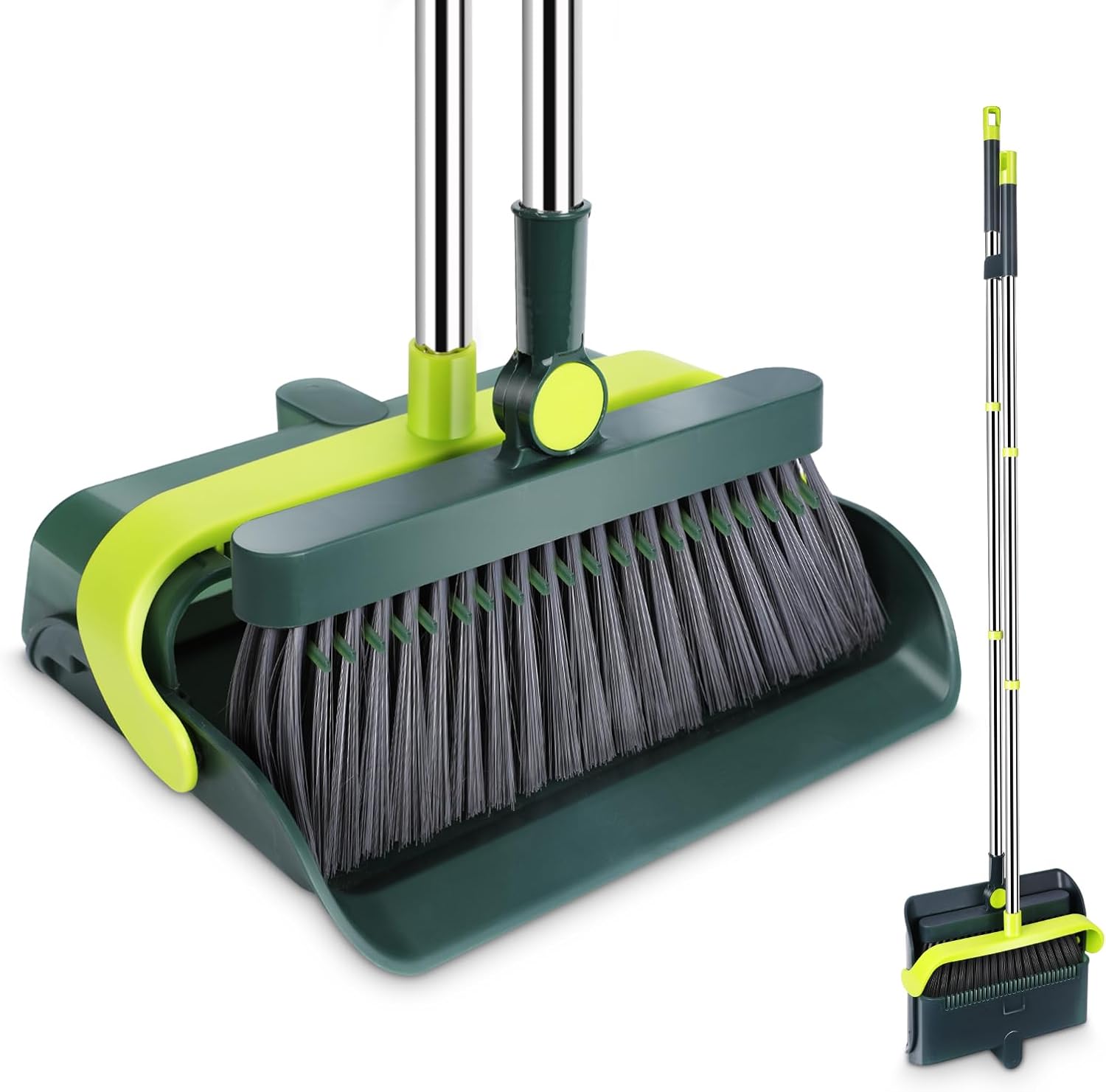 MASTERTOP Dustpan and Brush Sets, Long Handled 180 Rotating Sweeping Brush with 2 Layer Comb Teeth, Tall Dust Pan and Brush Broom for Indoor Outdoor Home Garden Kitchen Cleaning - Classical Green