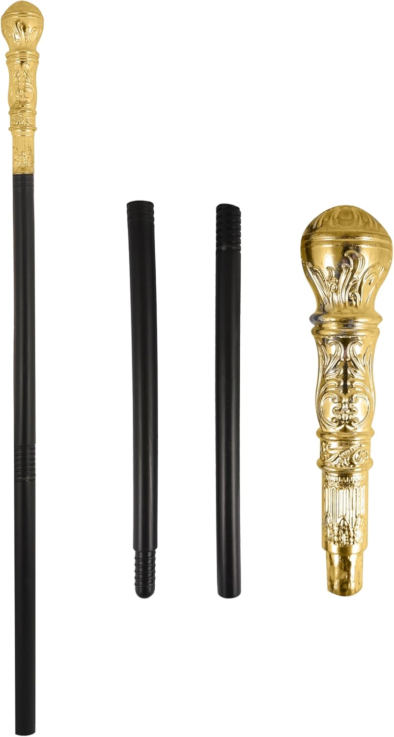Henbrandt Black & Gold Top Pimp Cane Stick 81cm - 3 Piece Fancy Dress Accessory for Adults, Children, Boys, Girls - Gangster Costume Prop & Walking Stick