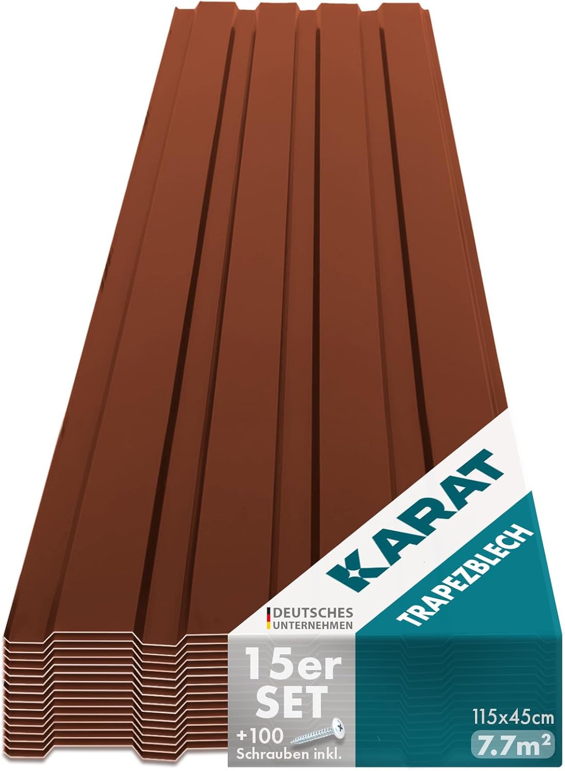 KARAT Metal Roofing Sheets 115 x 45 cm (Pack of 15) 7.7 m² Corrugated Roof Sheeting Plates Cladding for Garage, Shed, Carport and Greenhouse, Galvanised Coated, Brown (incl. 30x Screws)