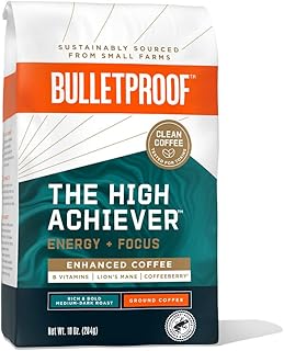 Bulletproof The High Achiever Ground Coffee, 10 Ounces, Medium-Dark Roast Enhanced Coffee with Lion's Mane Mushroom, B Vitamins, and Adaptogens for Energy and Focus