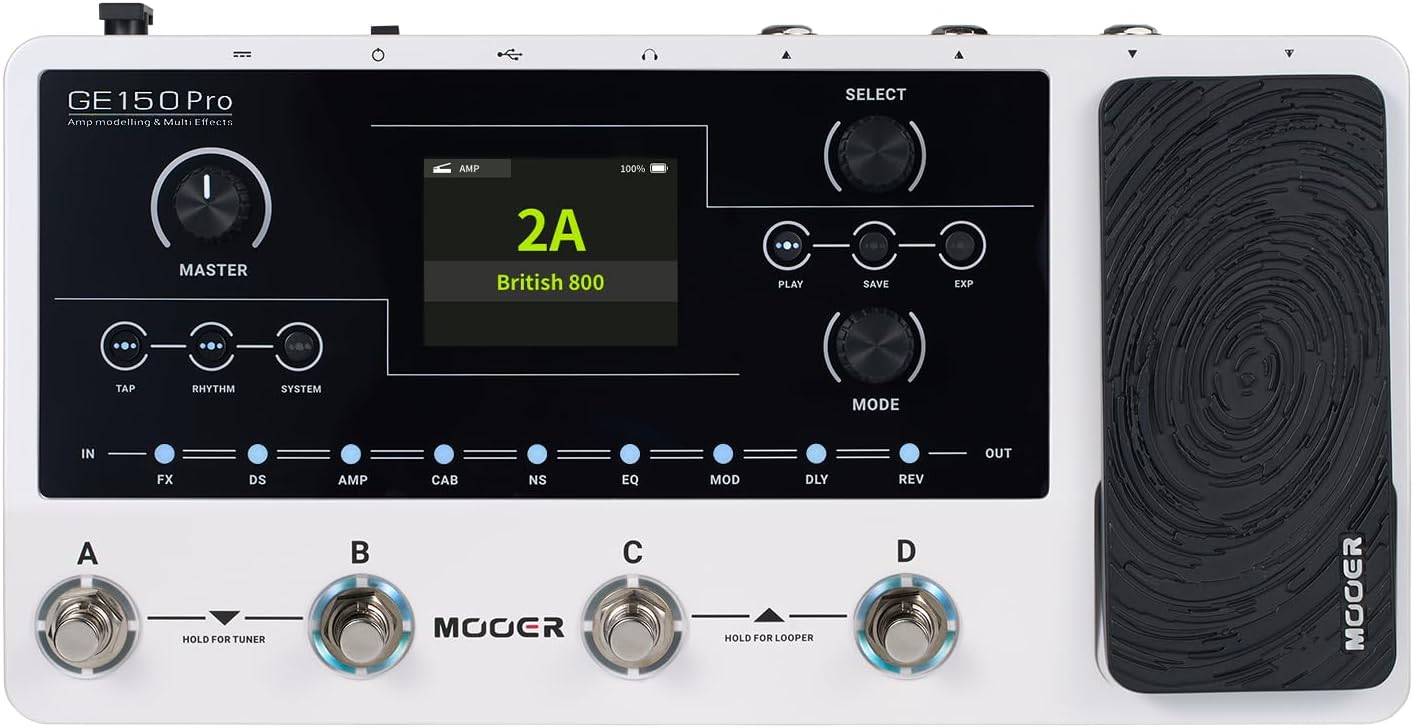 MOOER GE150 Pro Guitar Amp Modelling Multi Effects, Reverb, Delay, Looper Drum with 4 Footswiches, Expression Pedal, USB OTG Live Recording, MNRS GNR and GIR Loader
