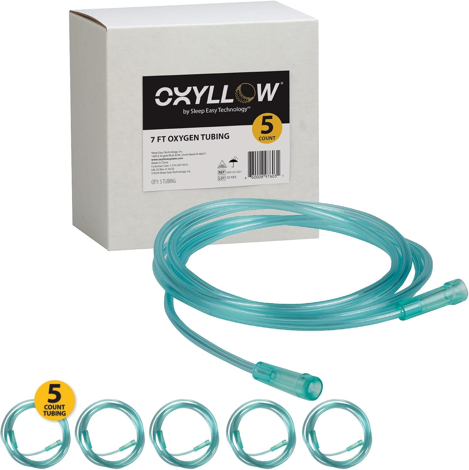 Premium 7 FT Oxygen Tubing | 5-Count | 6-Channel Kink-Resistant Air Flow | High-Visibility Green Tint | Universal End Connectors | Durable, Medical Grade Oxygen Therapy Accessory
