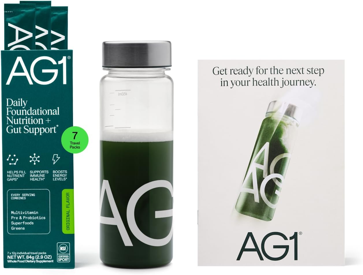 AG1 Athletic Greens Multivitamin and Probiotic 7 Travel Packs with Shaker | Includes Superfoods and Digestive Enzymes, Adaptogens, and Whole Food Nutrients Spirulina, Chlorella, Enzymes, Gluten Free
