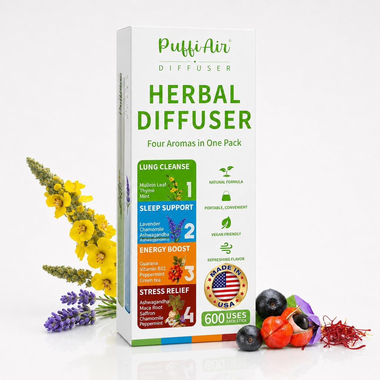 PUFFIAIR Herbal Aroma Sticks Variety Pack, Botanical Scent Blend, Portable Personal Scent Sticks for Daily Use, 4 Count