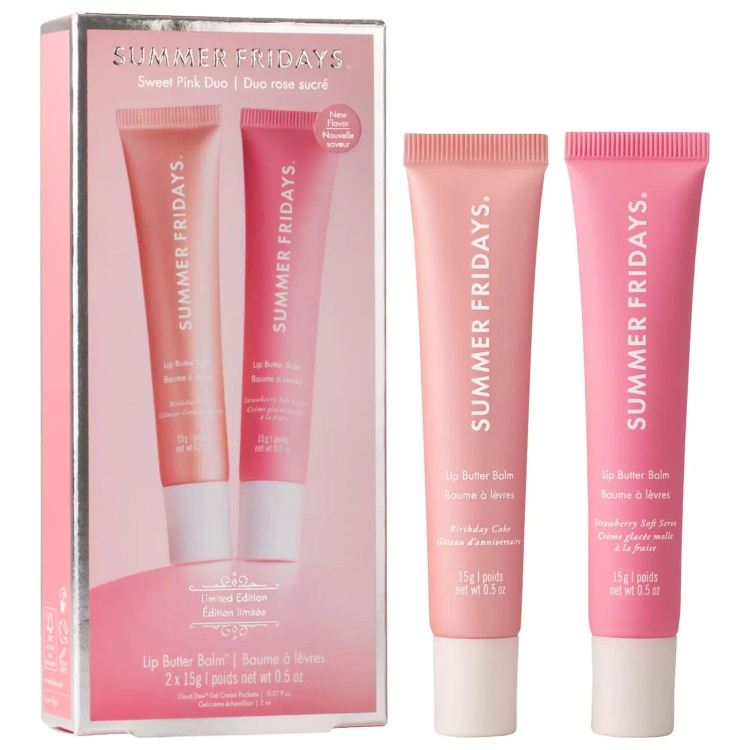 Summer Fridays Lip Butter Balm Sweet Pink Duo - Conditioning Tinted Lip Balm + Overnight Mask for Instant Shine + Color - With Hydrating Shea Butter - Strawberry Soft Serve + Birthday Cake (2 Count)