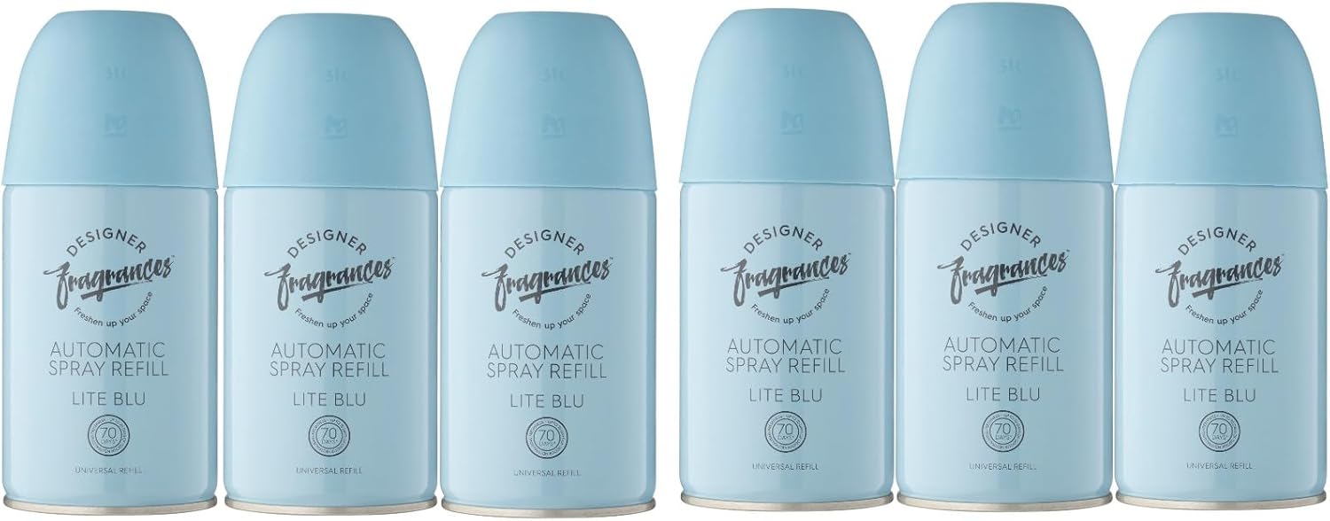 Designer Fragrances 6 Pack Lite Blu Automatic Room Spray Universal Refill Air Freshener Cans - For Home & Vehicles – Upto 70 Days of Luxury Lasting Smell - Deodorise & Neutralise Odours – 250ml
