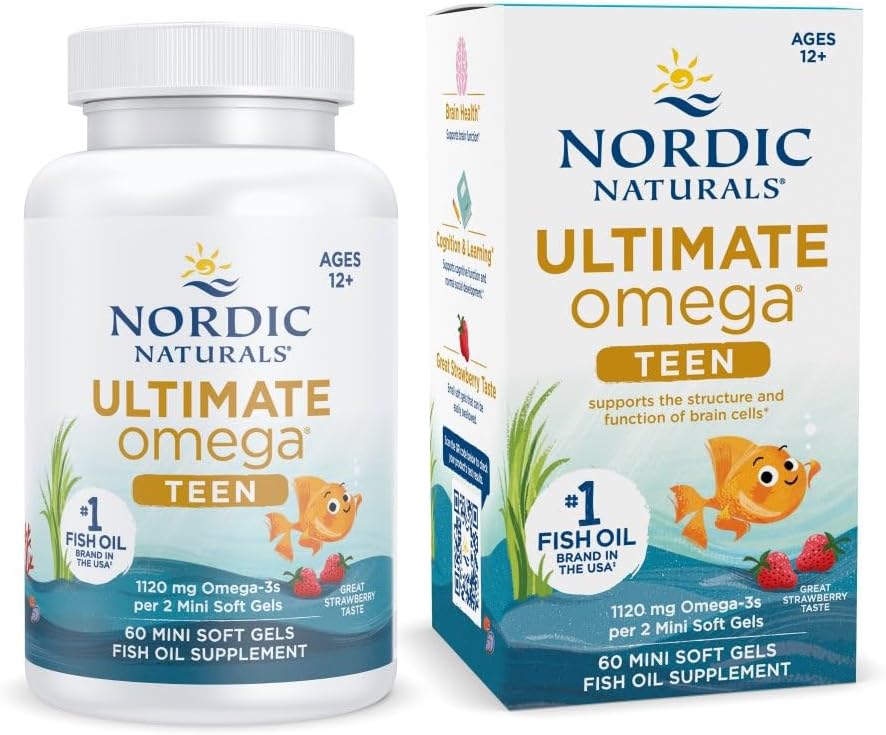 Nordic Naturals Ultimate Omega 2X Teen, Strawberry - 60 Mini Soft Gels - 1120 mg Total Omega-3s with EPA & DHA - Brain Health, Positive Mood, Social Development, Learning - Non-GMO - 30 Servings