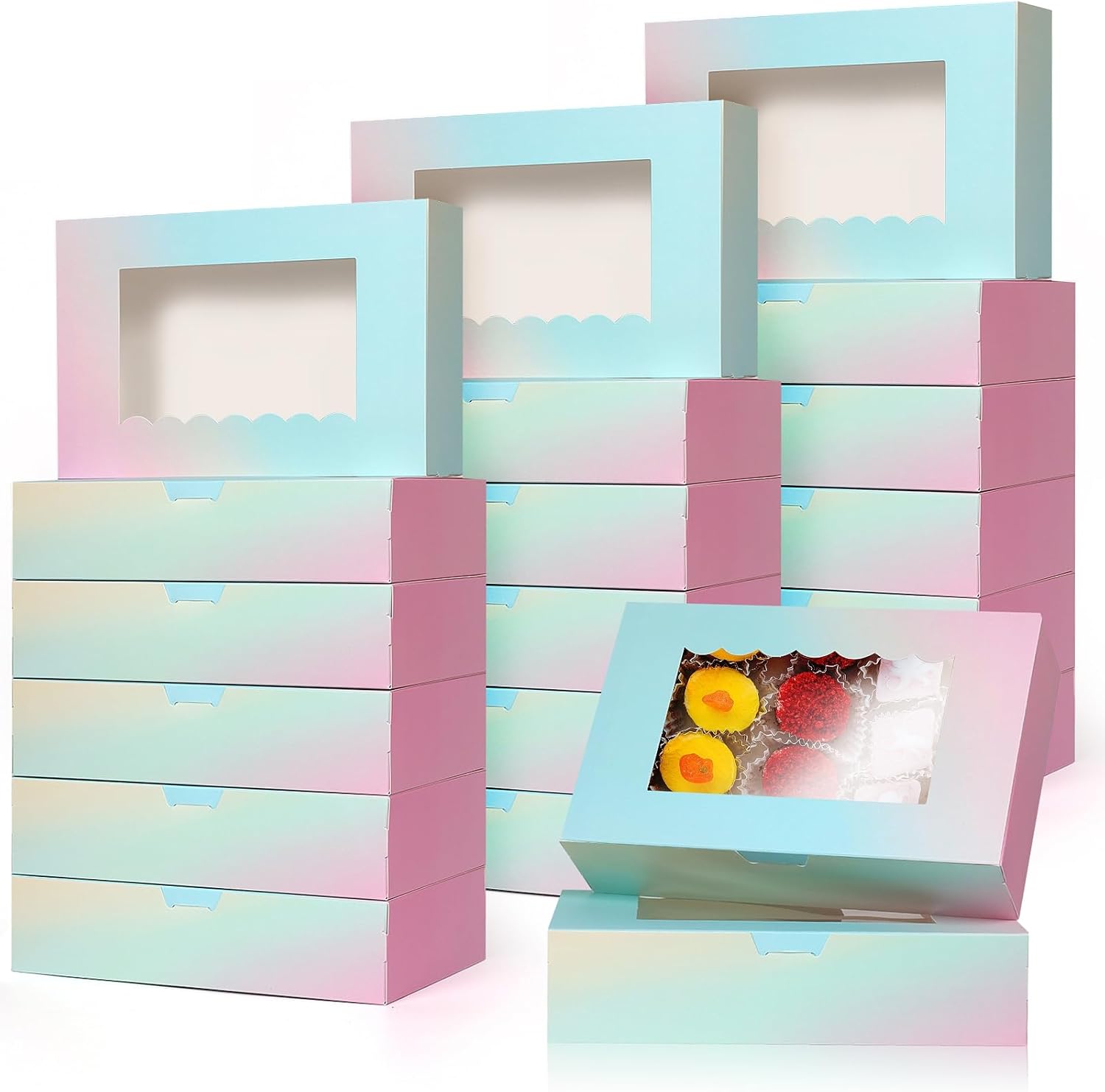 GXFCING 24 PCS Cookie Boxes, 8.5” x 5.5” x 2” Bakery Boxes with Window, Gradient Dessert Packaging Gift Box for Cake, Biscuit, Macaron, Candy, Brownie, Donuts