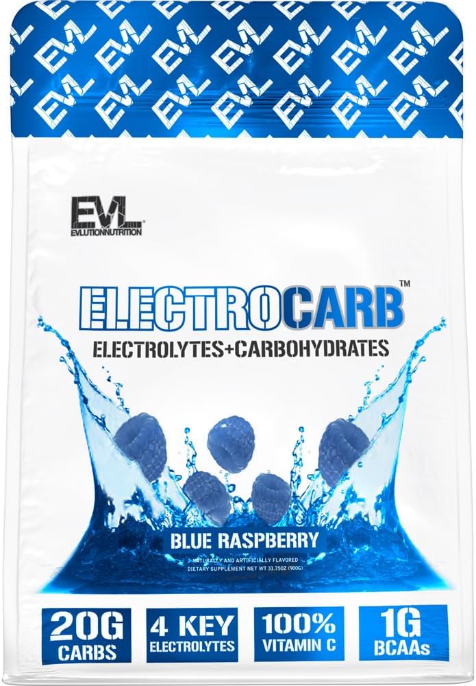 Evlution Nutrition ElectroCarb - Electrolytes + Carbohydrates - Hydration Support, Endurance & Muscle Recovery - 20g Carbs, 4 Key Electrolytes & 1g BCAAs - Blue Raspberry - 30 Servings