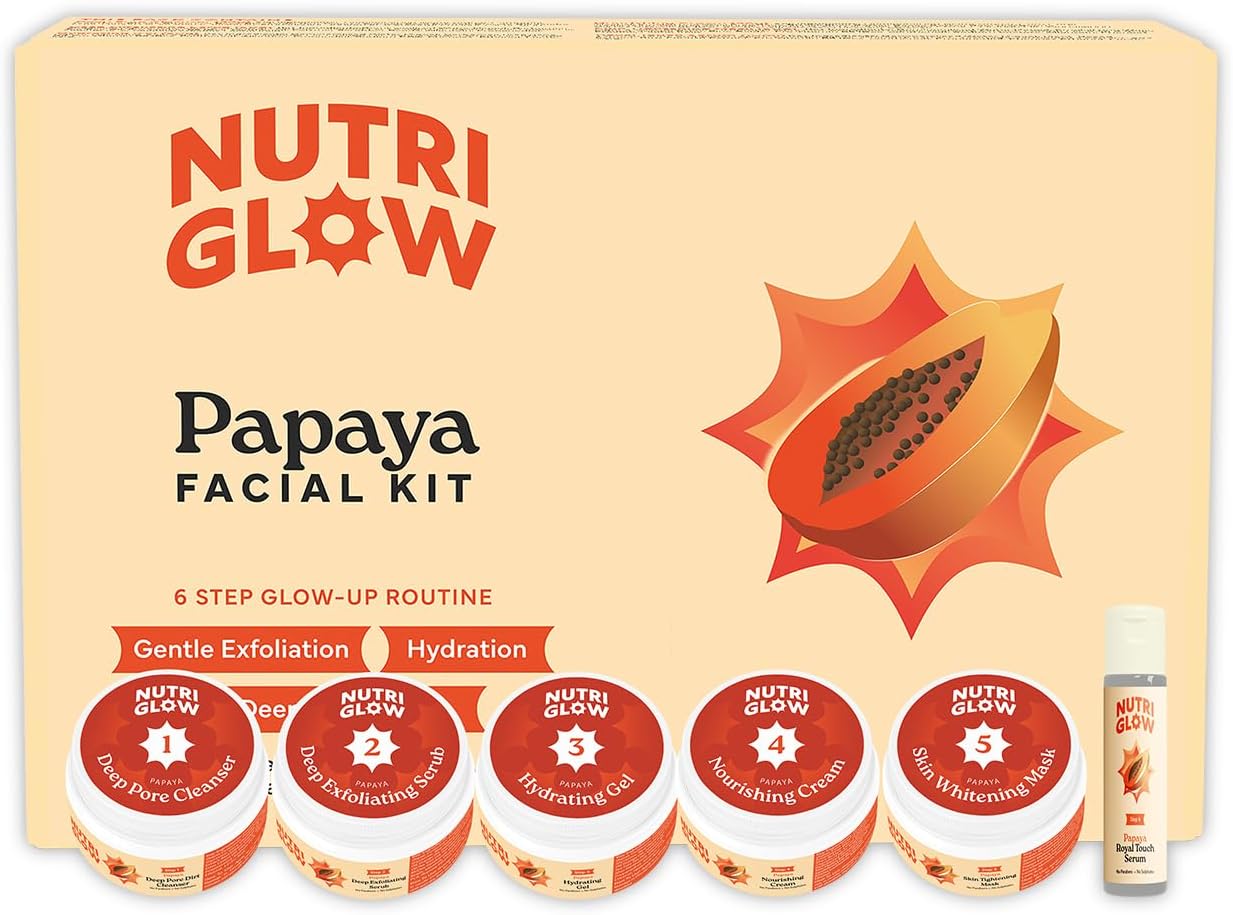 Nutriglow Papaya Fruit Facial Kit(250gm + 10Ml) & Papaya Fruit Beach Cream(43Gm) for Youthful Glow, Deep Exfoliation, Lightening Facial Hair, Dark Spot Corrector, All Skin Types, Pack of 2