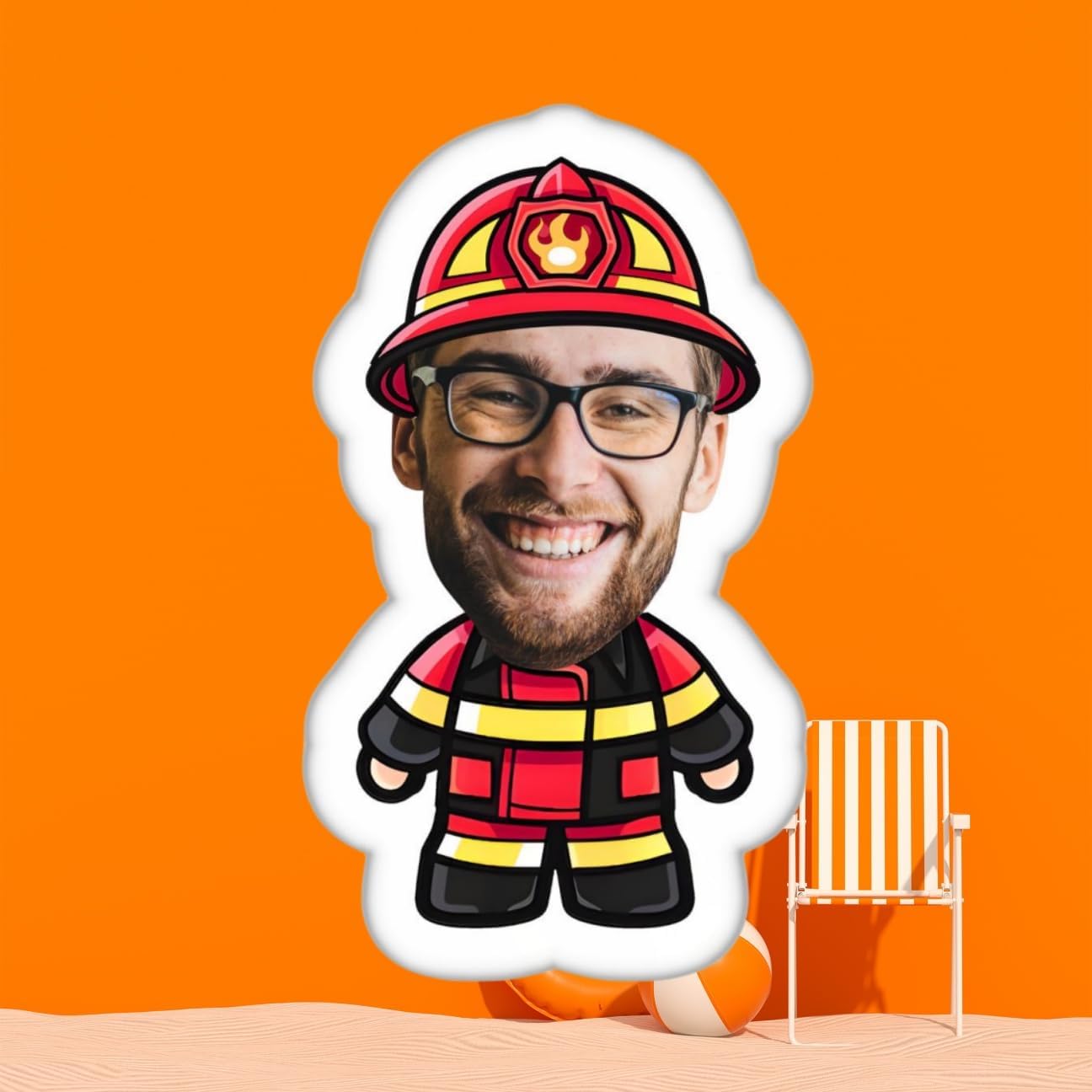 Custom Customizable face Short Plush Pillow, Double Sided Printing, Fun Home Sofa Decoration, Firefighter Body Design, Couples, Women, Men, Personalized Photo Throw Pillows