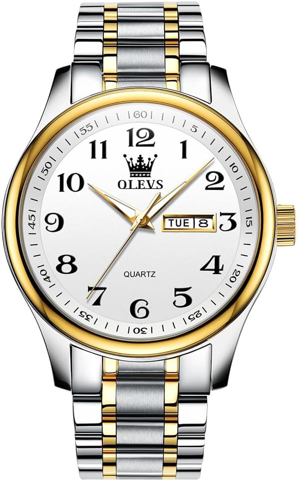 Men's Casual Stainless Steel Watch, Big Face Easy to Read Analog Quartz Watch with Day and Date, Classic Waterproof Diamond Roman Arabic Numerals Dial Dress Watch for Men, Gold Silver Black Band
