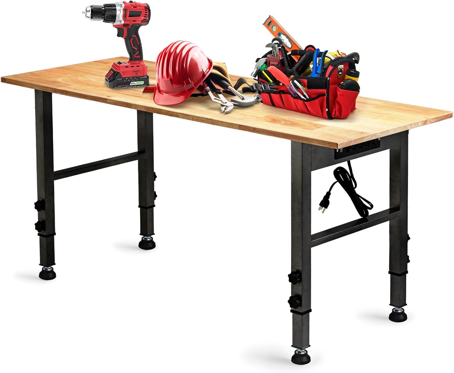 54.3 "Adjustable Workbench with Power Outlet, Heavy Duty 2000 LBS Load Capacity Hardwood Workbench Suitable for Workshop, Office, Garage, Home (Rubber Pad丨Power Outlets 54.3"x21.6")