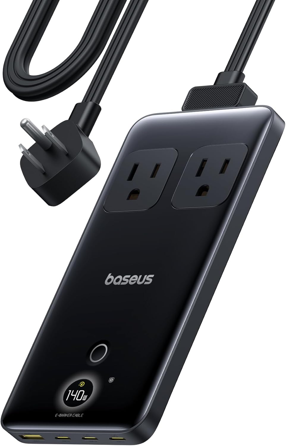 Baseus Blade Charging Station 140W, 6-in-1 Compact USB C Power Strip with 5ft Detachable Flat Extension Cord, Digital Display, Slim Fast Desktop Charger for Work and Travel (Not a Portable Battery)