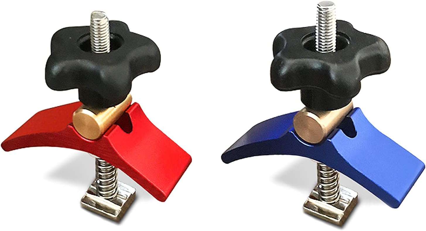 FoxAlien 2pcs T-track Hold Down Clamps Aluminum Alloy for Woodworking Compatible with T-slot Worktable Masuter Pro, Masuter 3S, Masuter 3, XE-PRO and Vasto CNC Router Machines (Red and Blue)