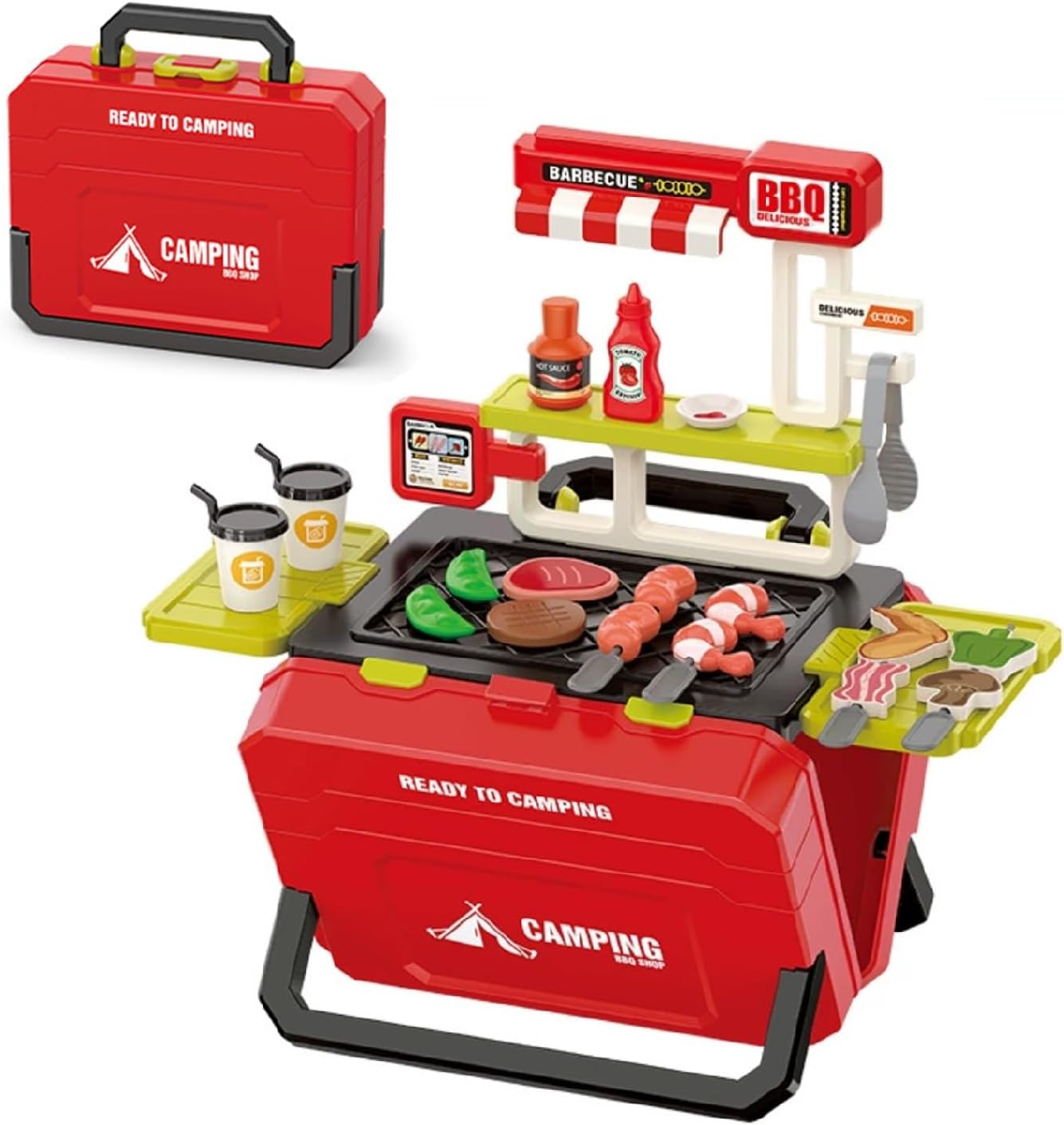 51Pcs Kids BBQ Toy Kitchen - Portable Barbecue Children's Play Outdoor Kitchens Suitcase, Barbecue Cooking Games Sets, Kebab Play Food, Kids BBQ Grill Playset Gifts for Girl Boy Age 3+