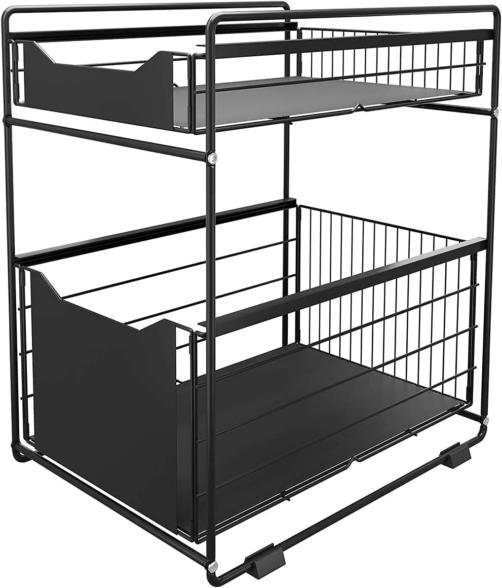 DAWNYIELD 2 Tier Organizer with Storage Drawer Under Sink Sliding Cabinet Pull Out Basket Rack Spice Rack Snack Organizer for Kitchen Bathroom Bedroom Counter Pantry Office -Black