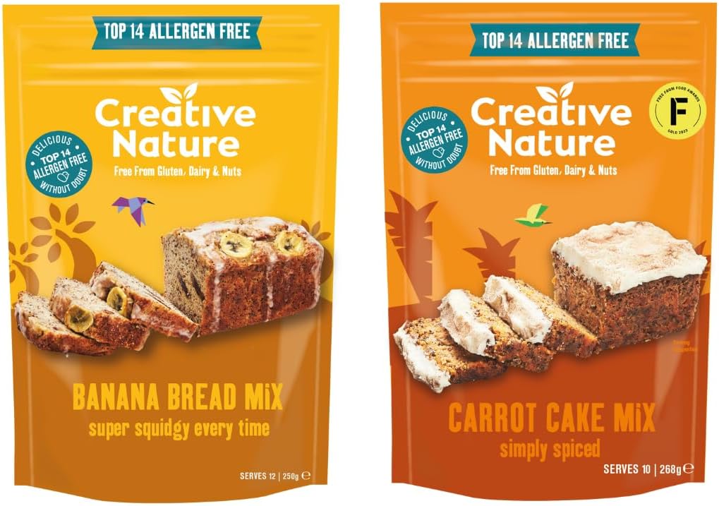 Gluten Free Cake Mix | Creative Nature Vegan Carrot Cake Mix + Banana Bread Mix | Nut Free, Dairy Free Baking Mixes | Top 14 Allergen Free | 2 Pack