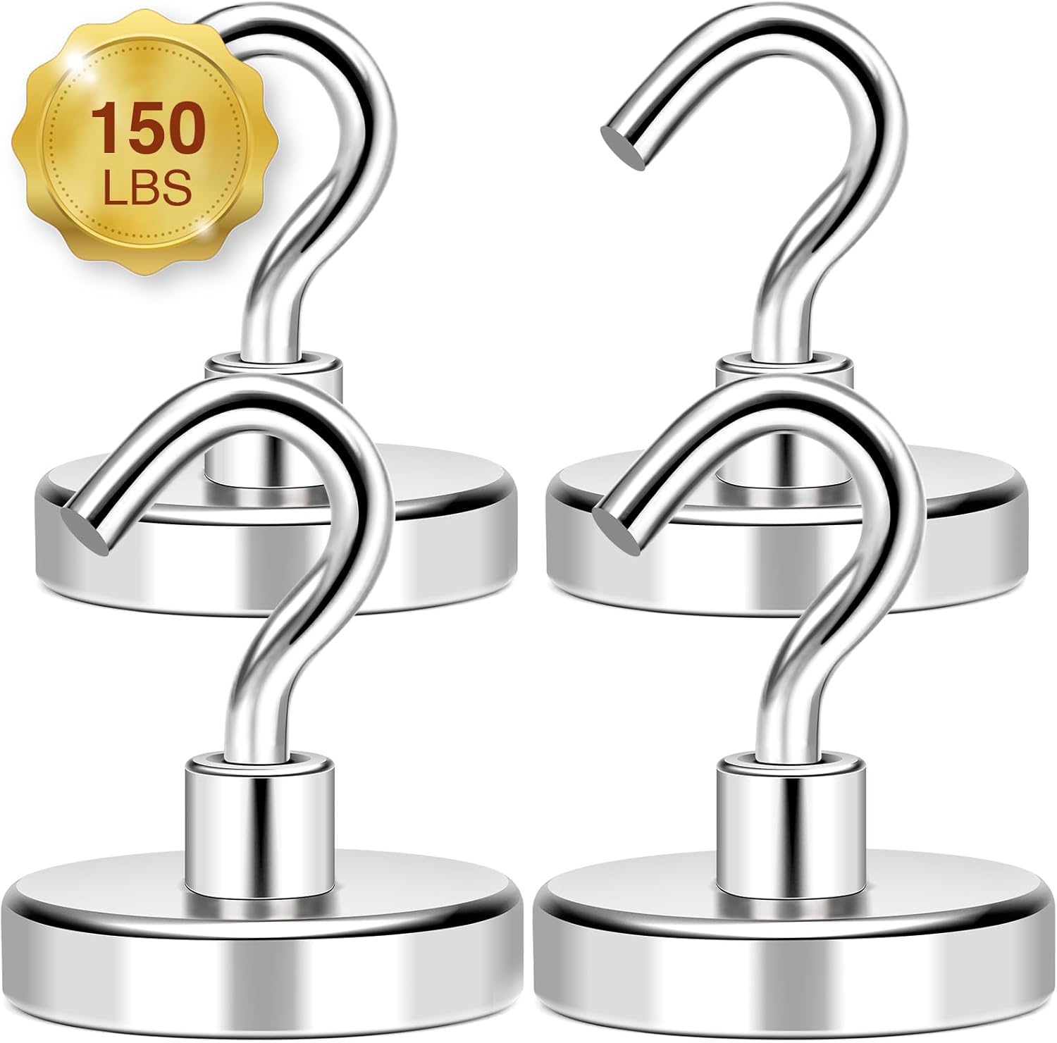 MIKEDE Magnetic Hooks Heavy Duty, 150Lbs+ Super Strong Magnet Hooks for Cruise Essentials, Neodymium Earth Magnets with Hook for Hanging, Magnetic Hanger for Fridge, Toolbox, Storage - 4 Pack