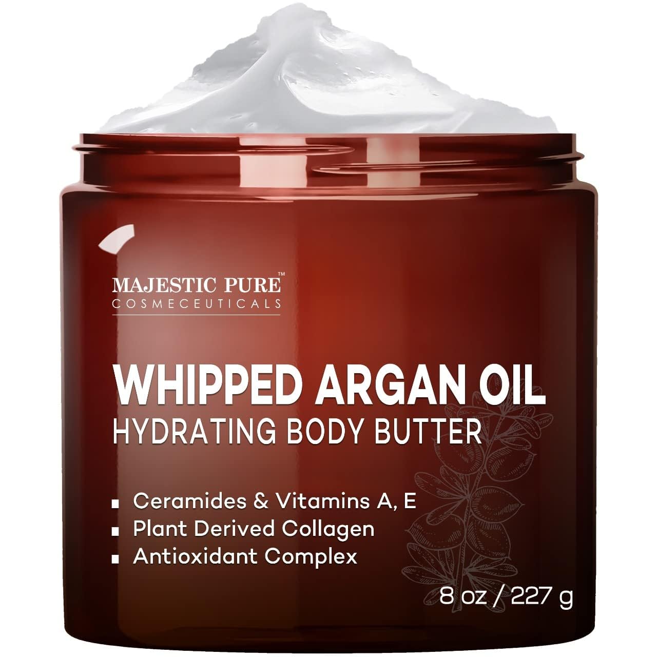 MAJESTIC PURE Whipped Argan Oil Body Butter for Women & Men - With Ceramides, Vitamin E & A & Vegan Collagen - For Skin, Face, & Appearance of Wrinkles & Fine Lines - 8oz