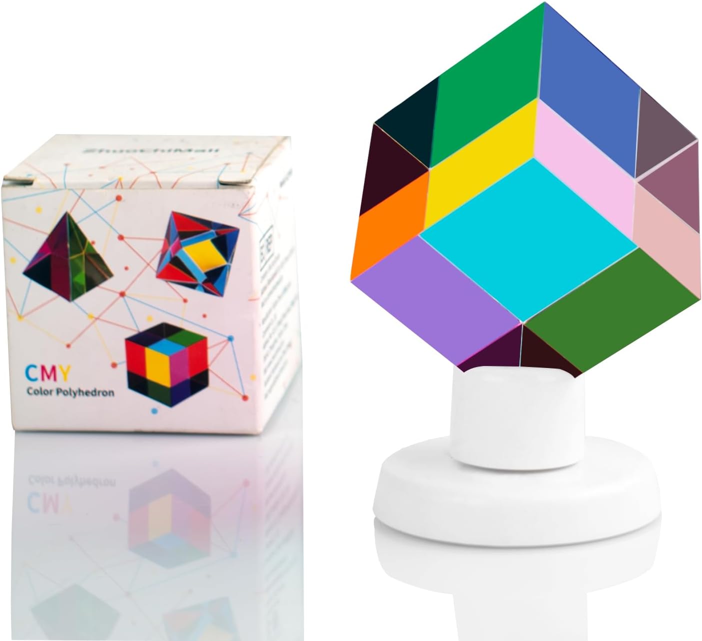 CMY Color Cube with Rotating Stand，2.0 inch (50 mm) Acrylic Prism CmyCube with Base, Office Desk Decoration Toys, Science and Education Gift for Kids，Silent Fidget Toys for Adult…